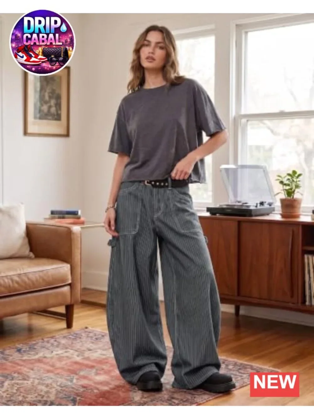Baggy Barrel Jeans Striped High Waisted Wide Leg Denim Pants Women